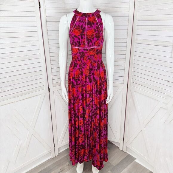 Abel The Label Tropical Floral Charlotte Halter Boho Maxi Dress Purple Pink XS - Picture 1 of 14